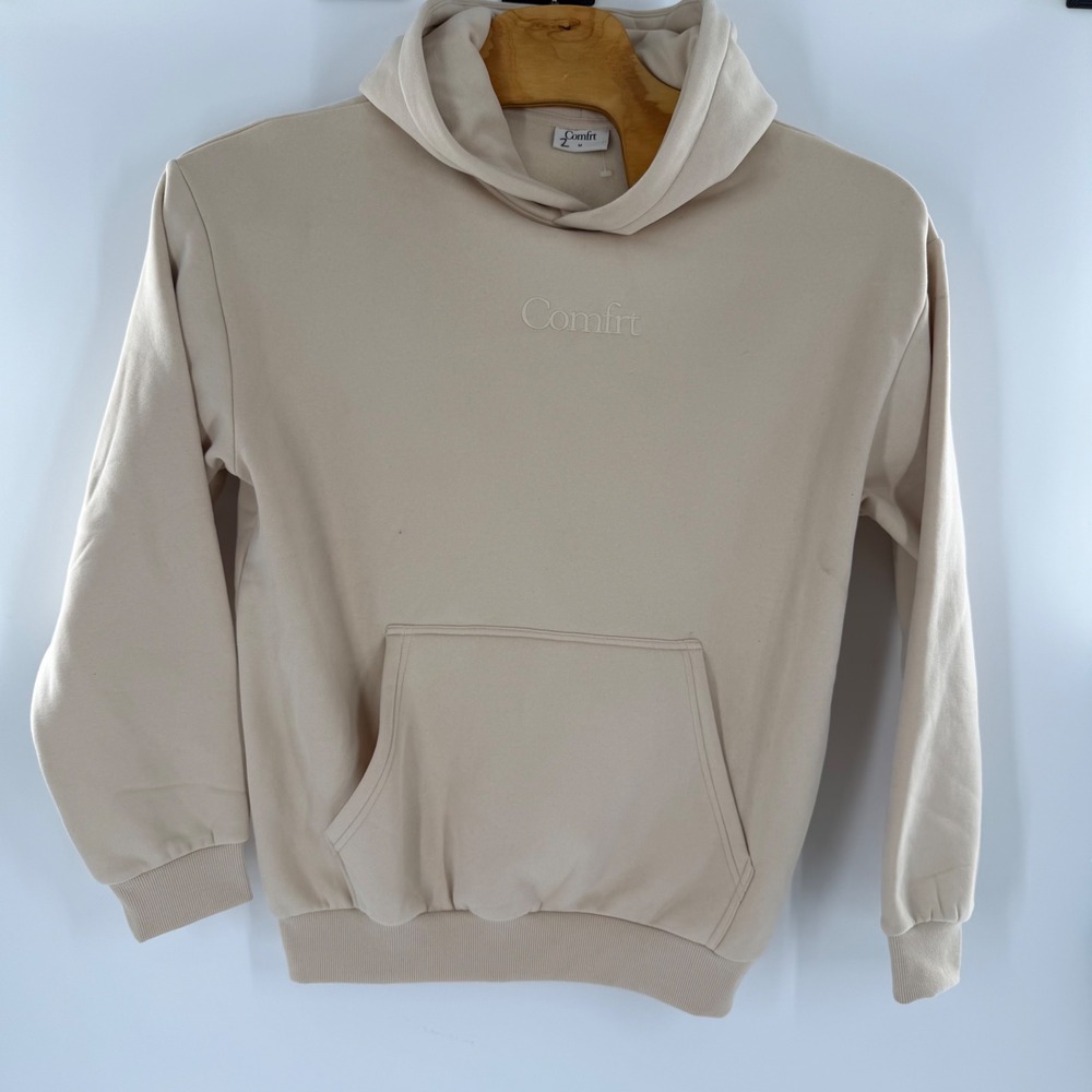 Comfrt Everyday Hoodie Mens Medium Sand Beige Embroidered Logo Fleece Pullover
